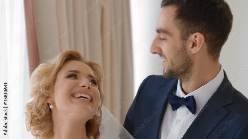 Bride and groom smile and laugh Bride and groom smile and laugh