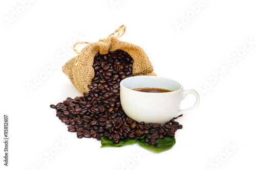 coffee bean in sack bag and hot coffee on white background