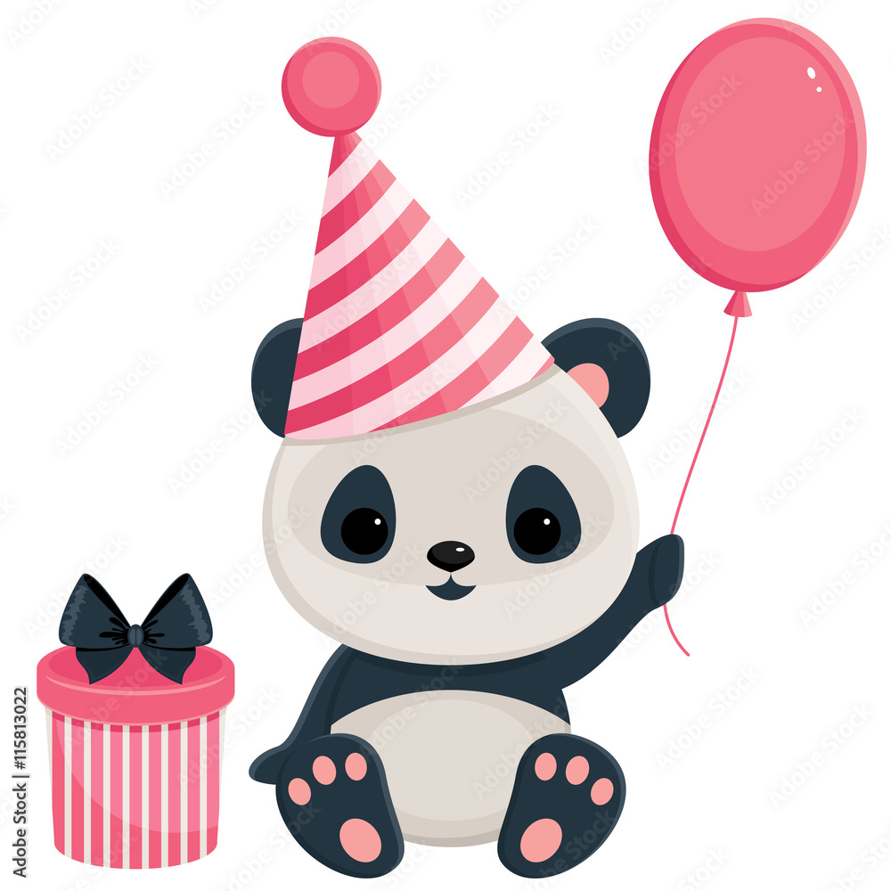 Fototapeta premium Birthday panda with gift box and balloon