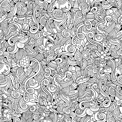 Cartoon hand-drawn doodles on the subject of Indian style theme seamless pattern