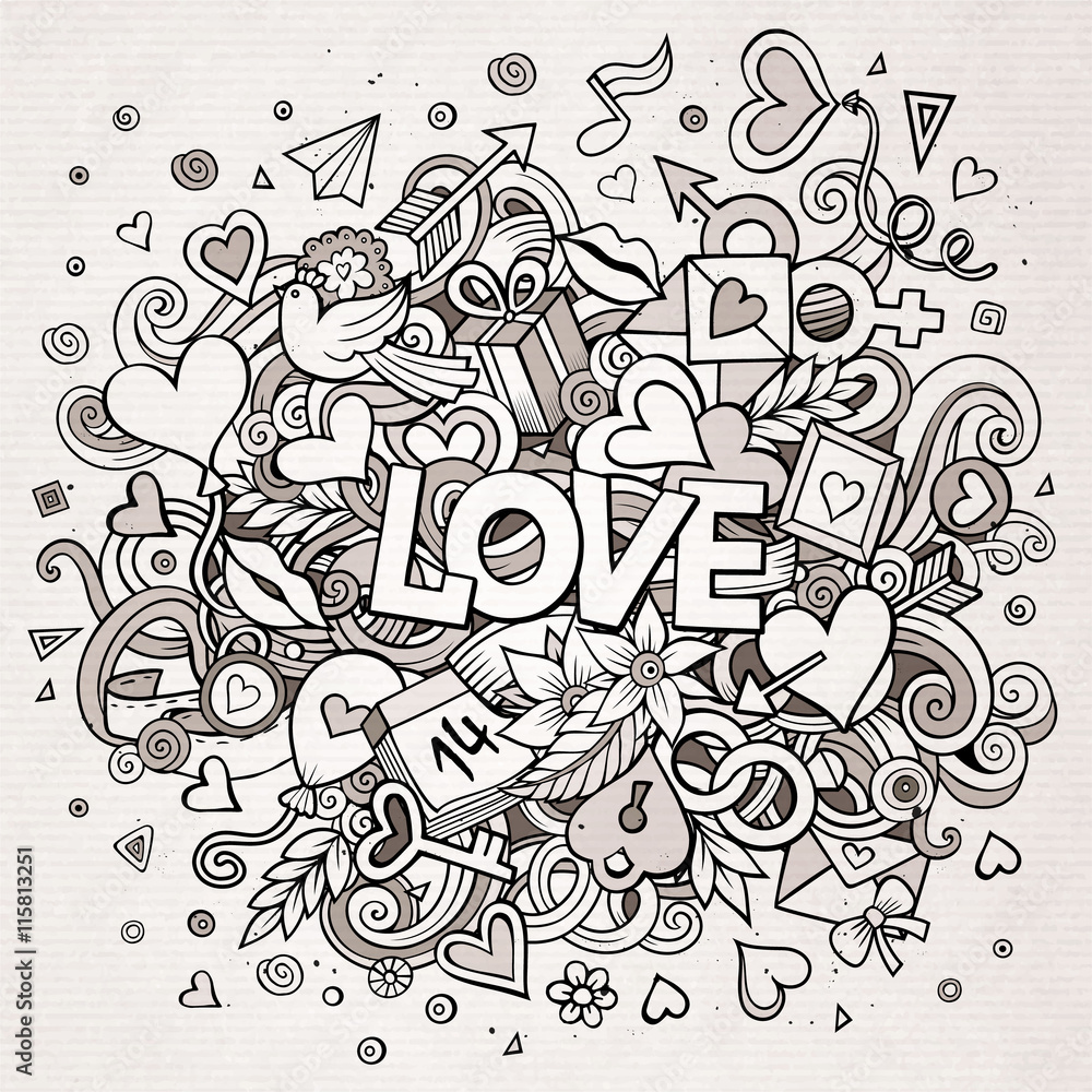Fototapeta premium Kreskówka wektor ręcznie rysowane ilustracji Doodle Love