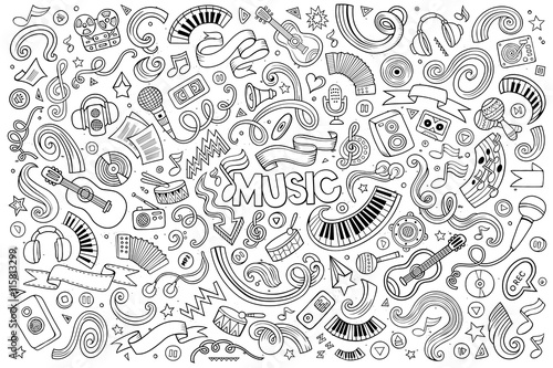 Sketchy vector hand drawn doodles cartoon set of Music objects 