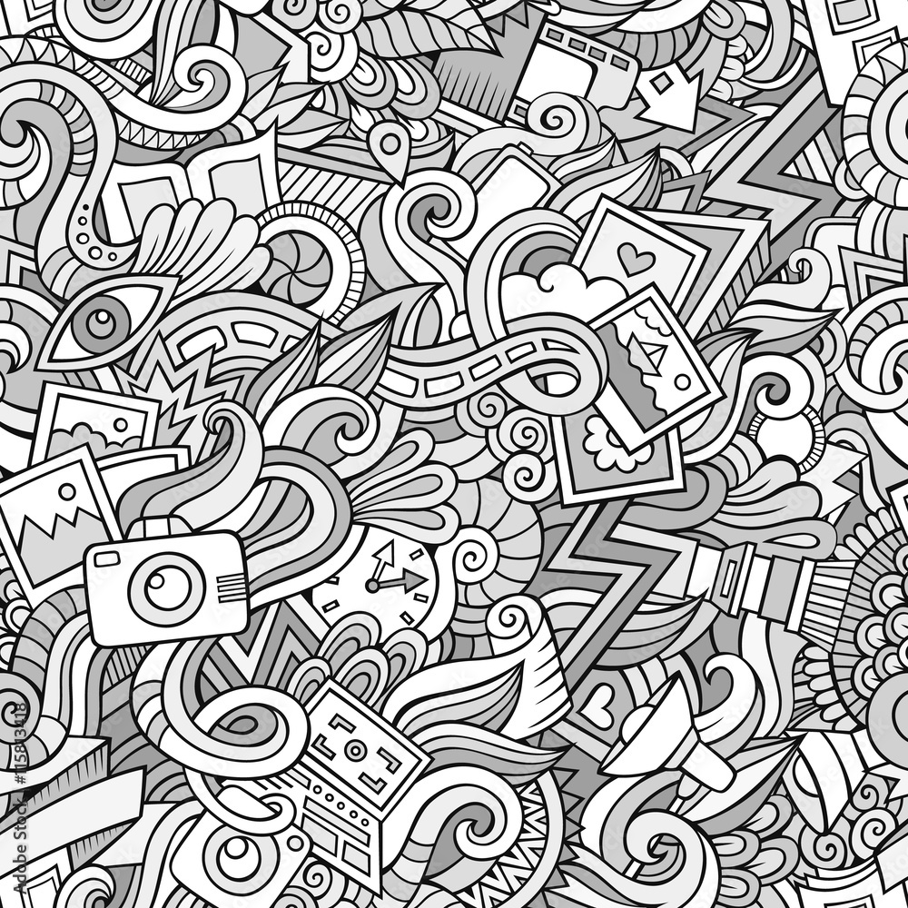 Cartoon hand-drawn doodles of photography seamless pattern Cartoon hand-drawn doodles of photography seamless pattern