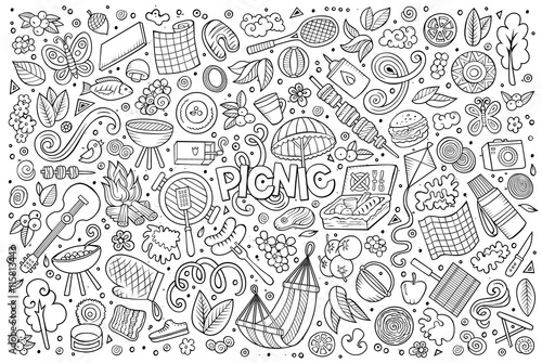 Line art vector set of picnic objects