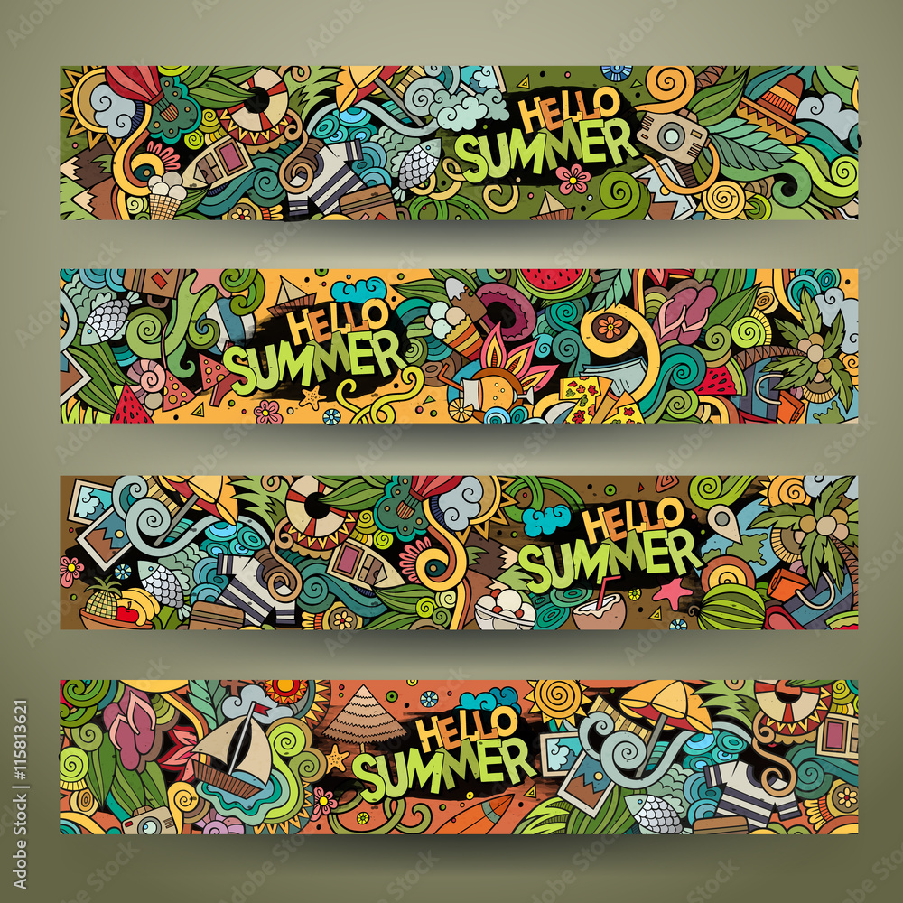 Naklejka premium Cartoon vector doodles summer banners