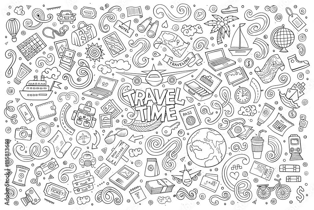 Set of travel planning objects and symbols Set of travel planning objects and symbols