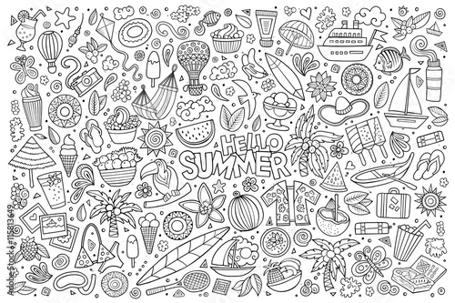 Line art vector set of summer objects