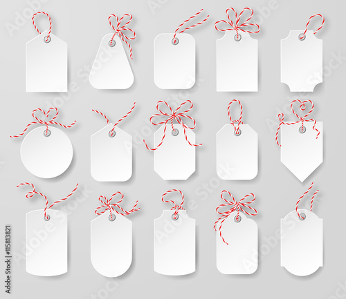 Price tags and gift cards tied up with twine bows set. Label paper, sale design, tring knot, vector illustration