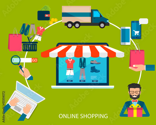 Set of flat design vector illustration concepts of online shopping, mobile marketing and digital marketing.