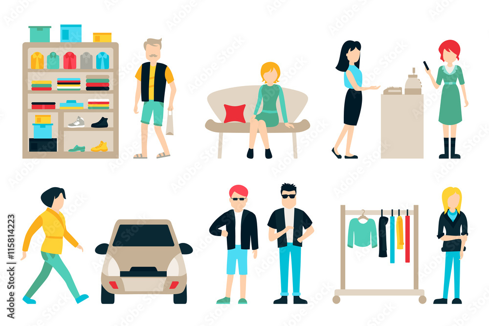 Vector shopping and shipping flat icons set. Mall Staff, Happy Buyers Isolated On White Background, Furniture, Clothes, People Vector Illustration, Graphic Editable For Your Design Vector shopping and shipping flat icons set. Mall Staff, Happy Buyers Isolated On White Background, Furniture, Clothes, People Vector Illustration, Graphic Editable For Your Design
