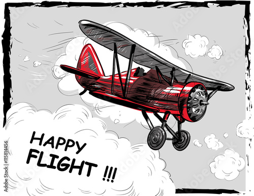 Lets travel concept vector illustration. Retro airplane poster. Old model plane is flying in the sky postcard