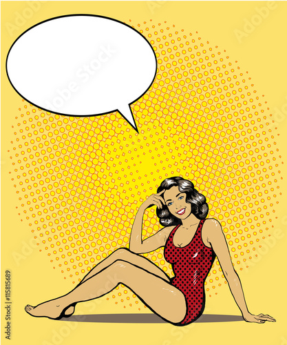 Woman in swimsuit on a beach. Summer concept vector illustration in retro comic pop art style