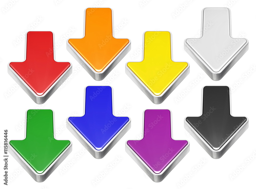 Set of cartoon 3D arrows with metal border, download symbol Set of cartoon 3D arrows with metal border, download symbol