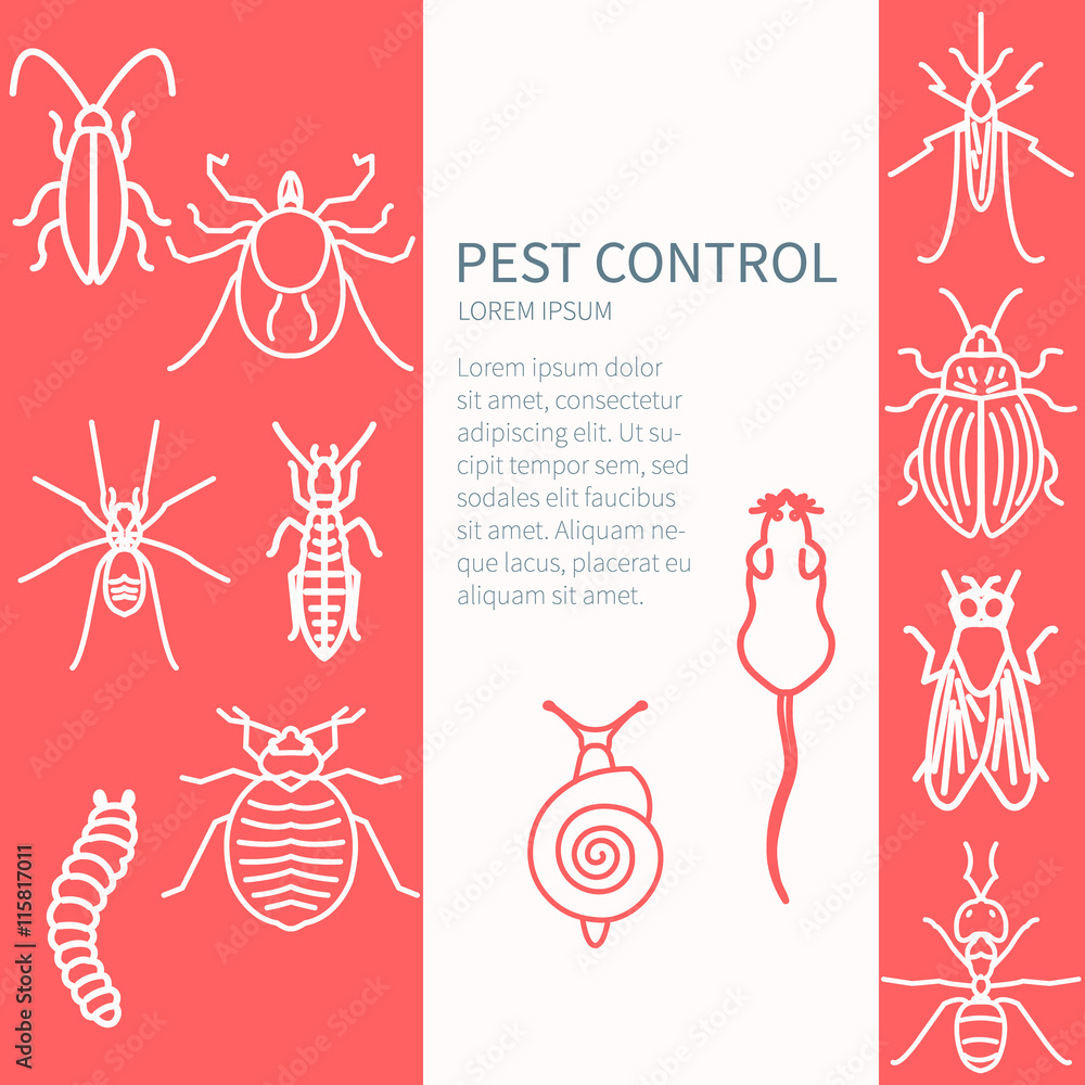 Pest control design template with insect line icon set and place for text. It can be used for web and mobile applications by exterminator service and pest control companies. Vector illustration.