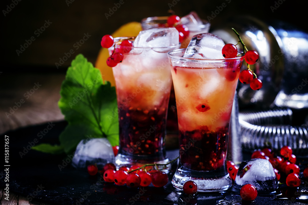 Alcoholic cocktail summer fizz with orange and redcurrant, selec Alcoholic cocktail summer fizz with orange and redcurrant, selec