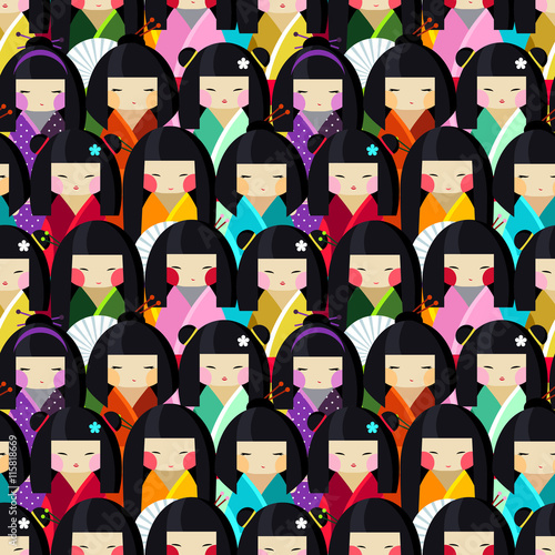 Vector seamless pattern with kokeshi dolls in different traditional japanese clothes. Collection of beautiful and cute women or girls toys