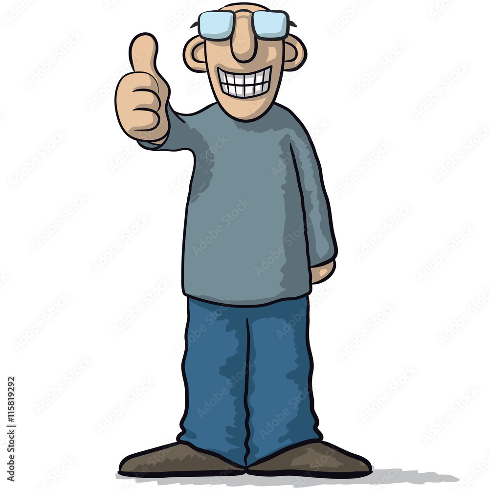 a character with thumb up