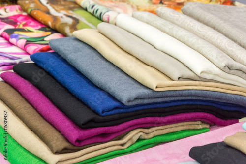 Closeup of silk, Multicolored fabric in outdoor market