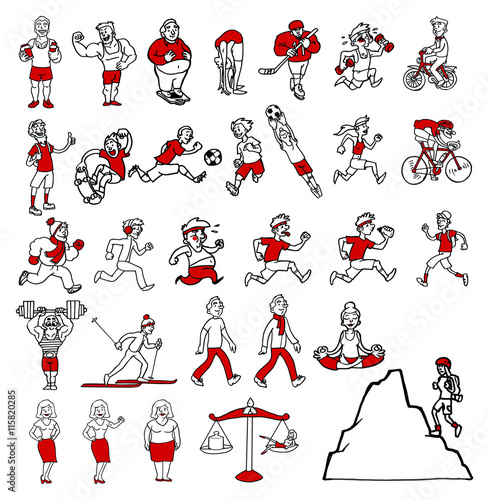Collection of human caricatures doing sports