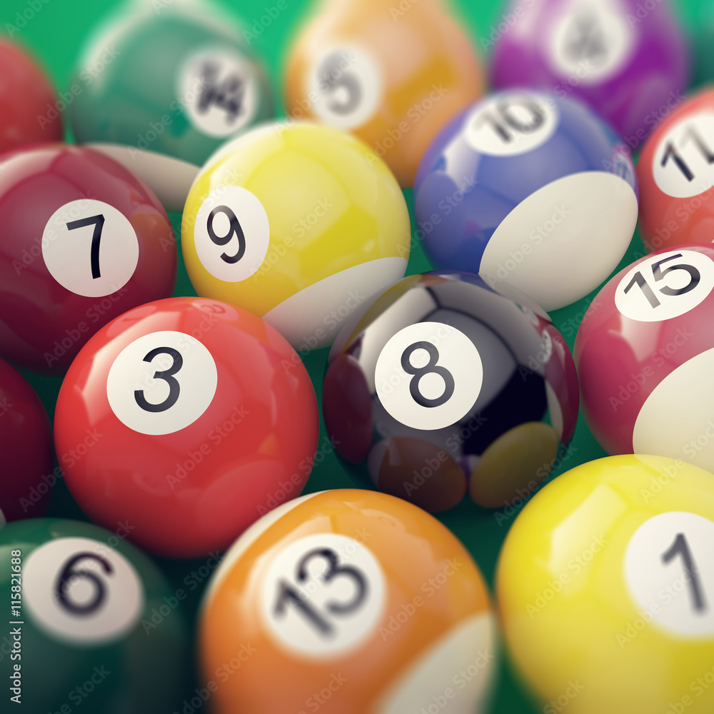 Group colorful glossy billiard pool game balls with depth of field effect. 3d illustration Group colorful glossy billiard pool game balls with depth of field effect. 3d illustration