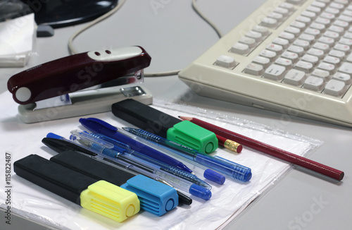 office writing supplies with the keyboard in the back