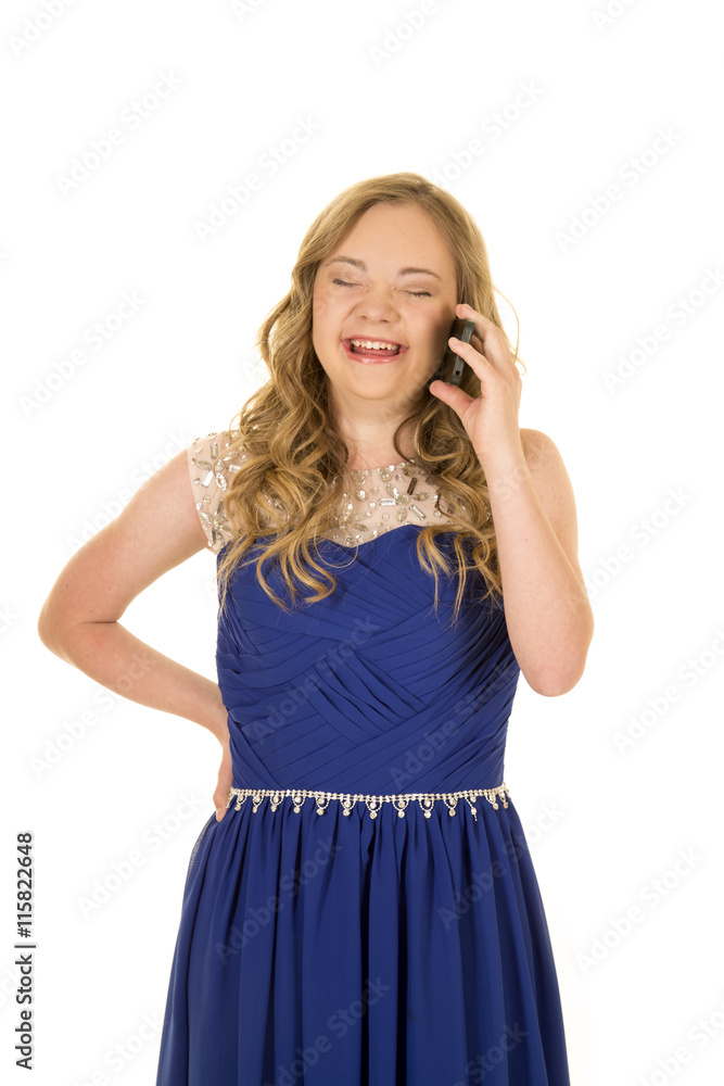 girl on phone in her blue dress girl on phone in her blue dress