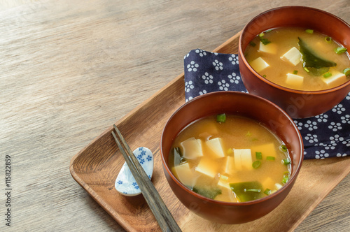 classic miso soup with tofu and wakame seaweed photo