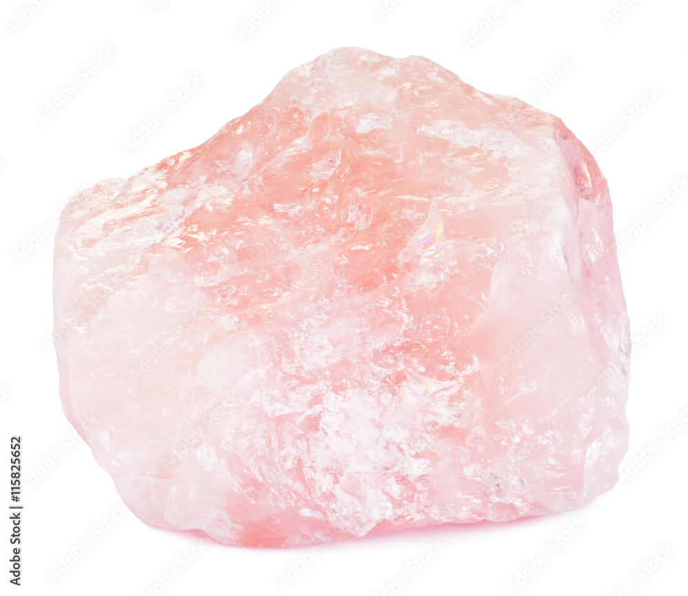 Raw pink quartz gemstone isolated on white with clipping path Raw pink quartz gemstone isolated on white with clipping path