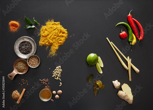 curry ingredients in the dark background