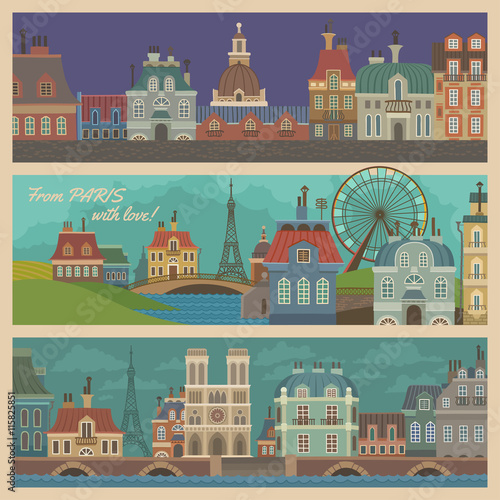 Set of Banners with Cartoon Views of Paris