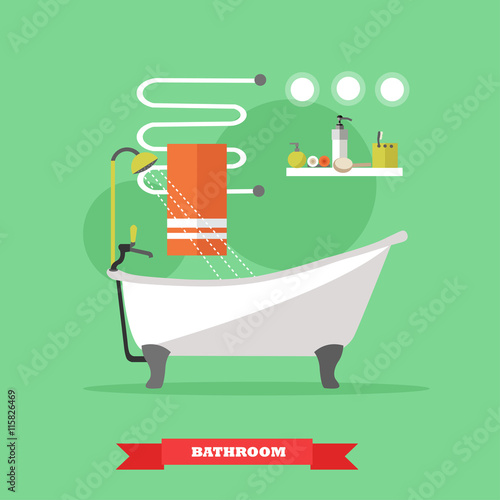 Bathroom interior with furniture. Vector illustration in flat style. Design elements, bathtub, shelves, heated towel rail