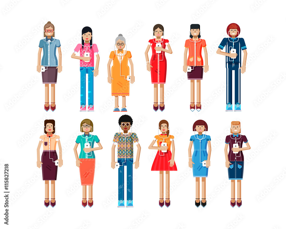 illustration isolated set of European, African-American women with smartphone in hands