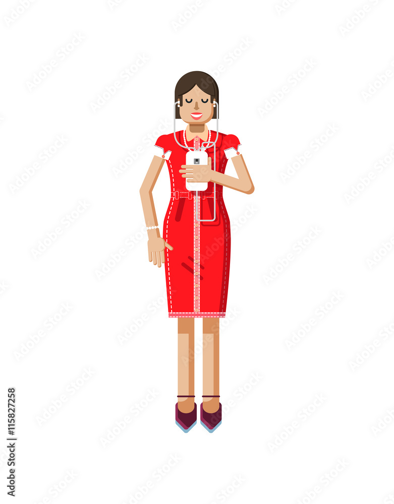 illustration isolated of European girl with dark hair in red dress, high heels shoes, woman and smartphone illustration isolated of European girl with dark hair in red dress, high heels shoes, woman and smartphone