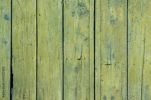 Old weathered green yellow grunge boards surface of wooden garden fence as background
