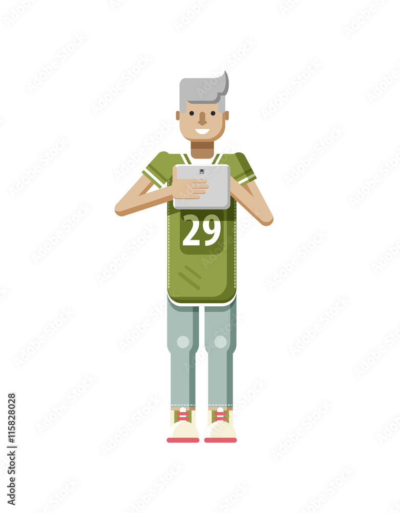 illustration isolated of European blonde man in sports shirt and sweatpants,  with laptop