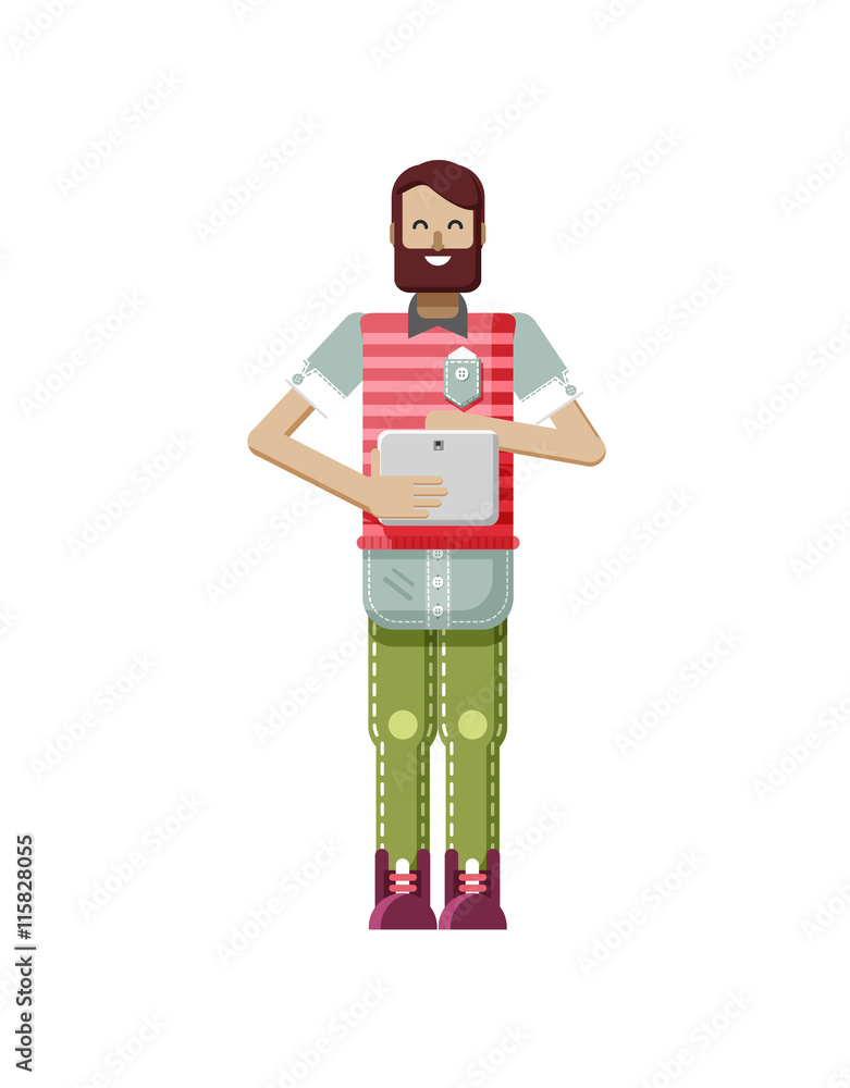 illustration isolated of European hipster with dark brown hair and beard, man, laptop