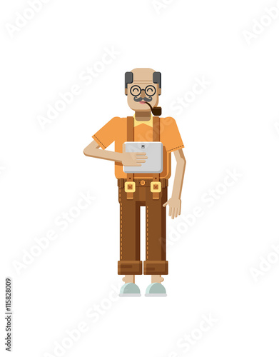 illustration isolated of European elderly retiree, gray hair, mustache, in glasses, pipe in mouth, trousers with braces, old man and laptop