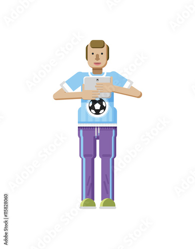 illustration isolated of European man with blond hair, receding hairline, laptop