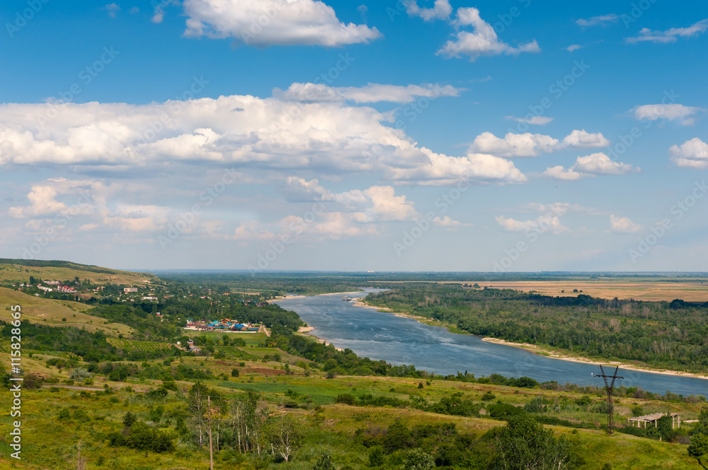 Panoramic View on river from hill in mid day