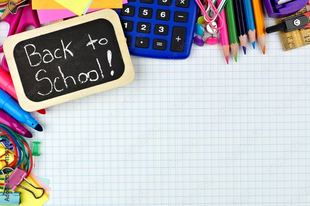 Back to School chalkboard tag with school supplies corner border on ...