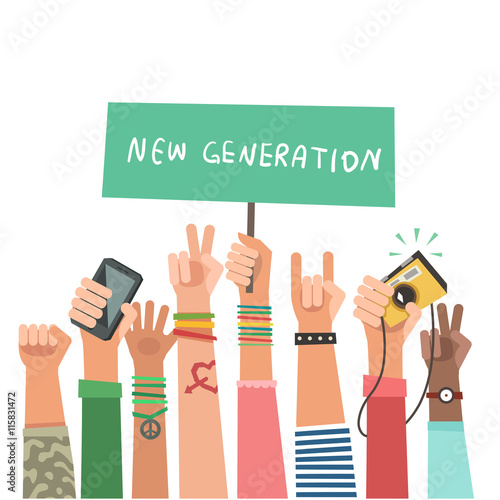 Youth crowd with banner. Manifesting new generation crowd. A lot of hands of young people with different gestures. Vector illustration in flat style