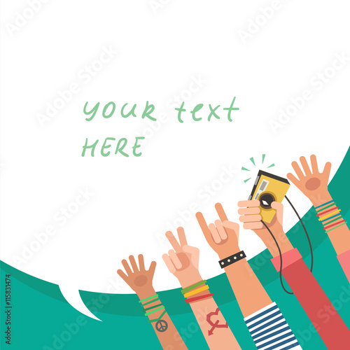 Youth crowd with bubble for text. Manifesting new generation crowd. A lot of hands of young people with different gestures. Vector illustration in flat style