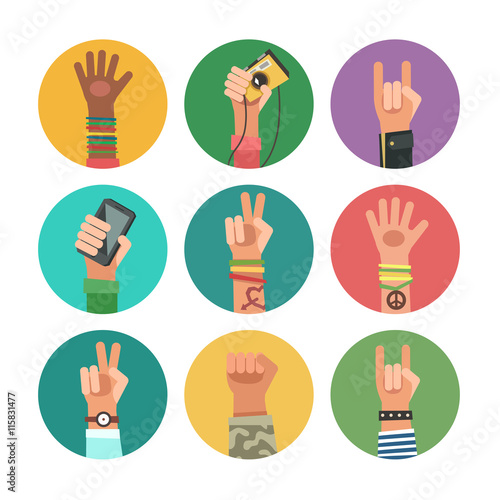 New Generation avatars set. Flat design icons collection of hands of different young people. Vector illustration in flat design