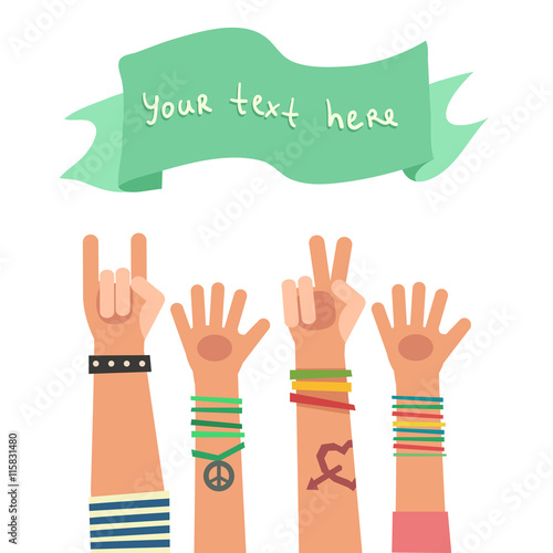 Colorful flat background with a lot of hands of young people and ribbon for a text. Vector Illustration