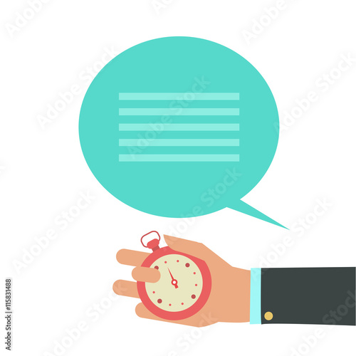 Time management background. Vector modern illustration in flat style with male hand holding stopwatch and bubble for the text