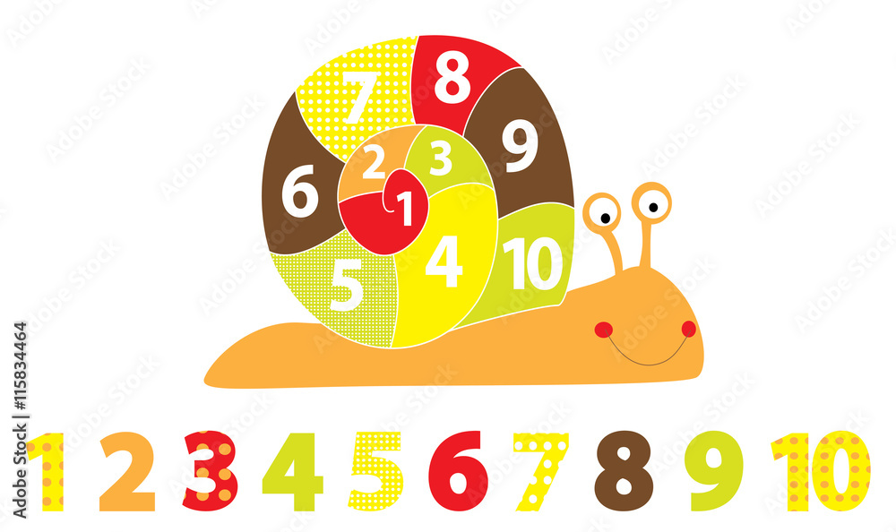 Smiling cartoon snail and numbers line 1- 10 on white background / educational vectors illustration for children