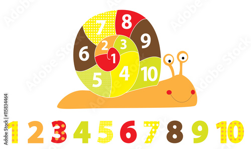 Obraz na płótnie Smiling cartoon snail and numbers line 1- 10 on white background / educational vectors illustration for children w salonie