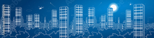 Night city mega panorama. Skyscrapers, white lines, urban skyline, helicopters fly, neon town, business building, vector design art