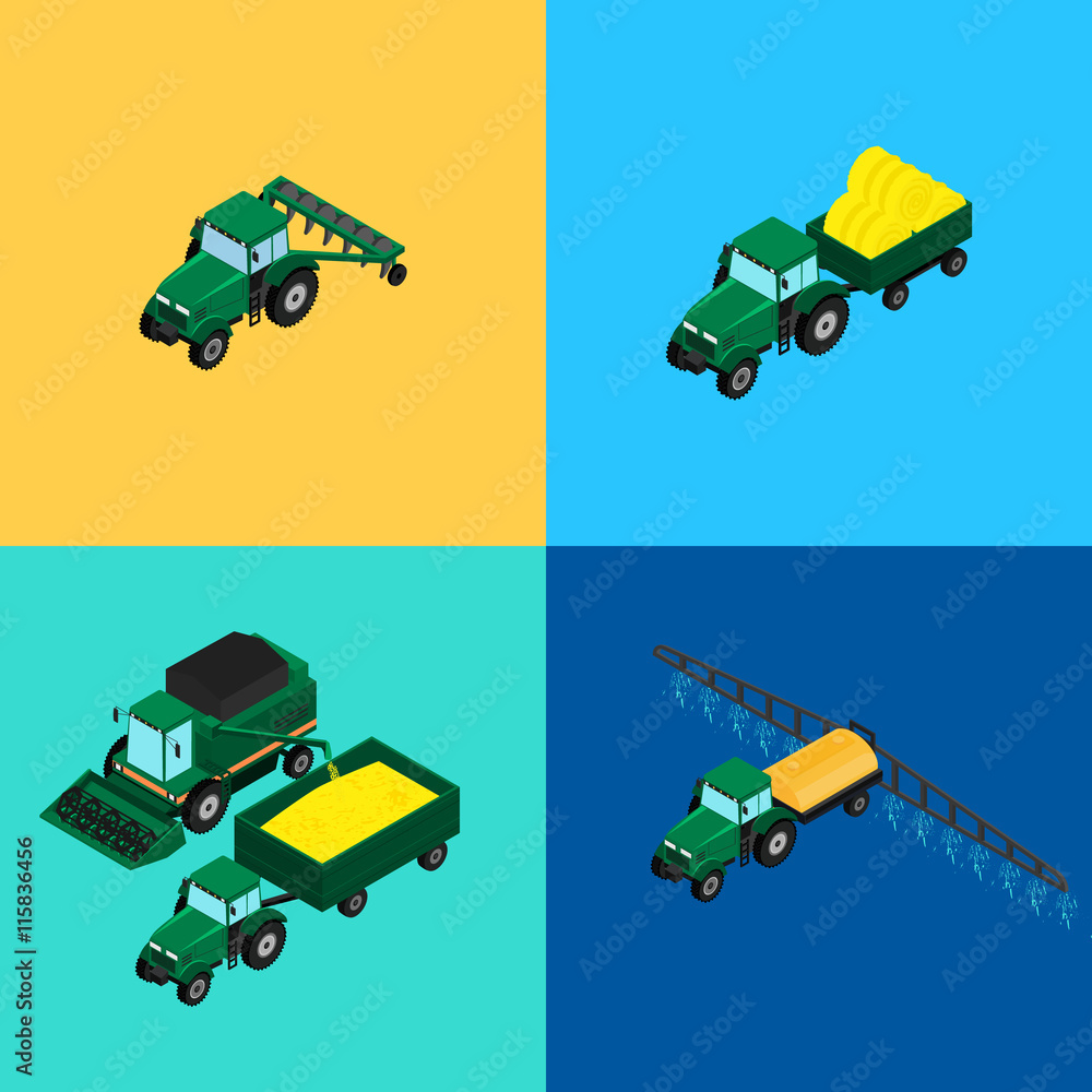 Fototapeta premium vector illustration. Set of agricultural icons. A tractor with a plow and a trailer with hay. Tractor sprinkles planting insecticides. The harvester harvests. Isometric, 3D