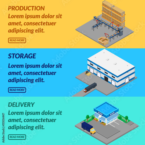 Vector illustration. Web banner production. Belt conveyor, storage, delivery to the store. Isometric, 3D.